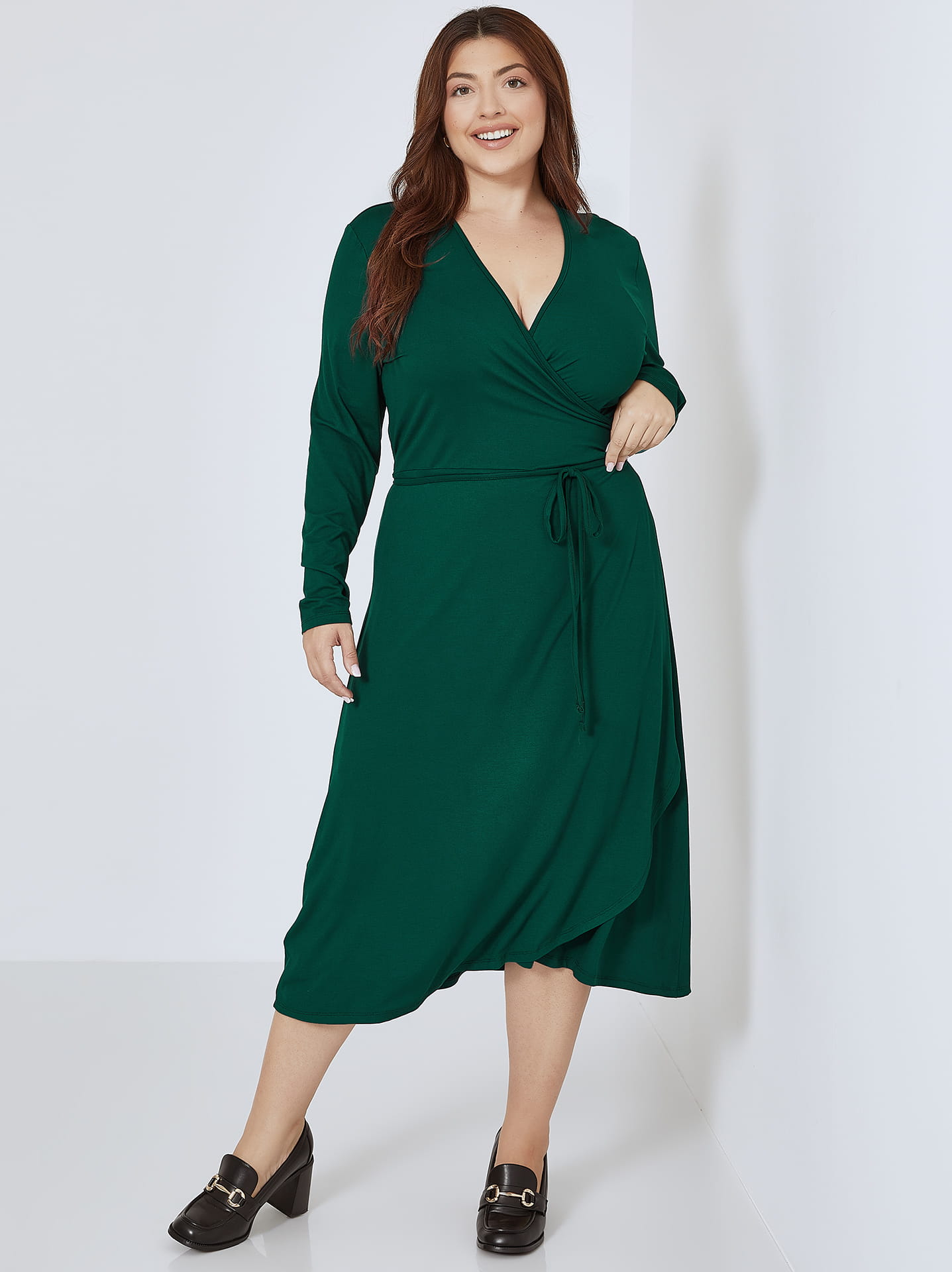 Dress wrap front asymmetric curvy in dark green | Celestino