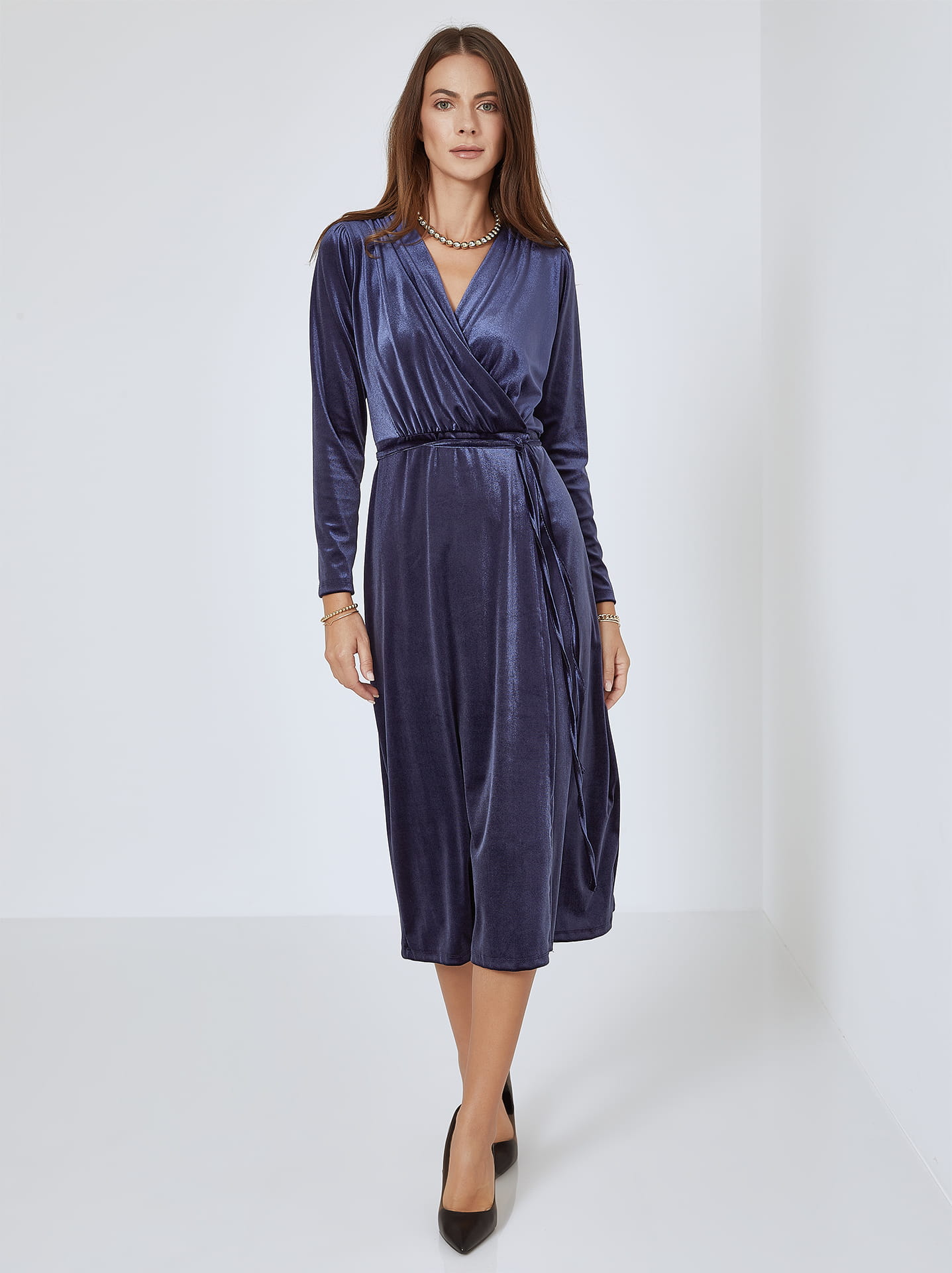 pastel blue satin dress Convertible long sleeve blue velvet wrap dress – Frida Velvet – Mimetik main image 1