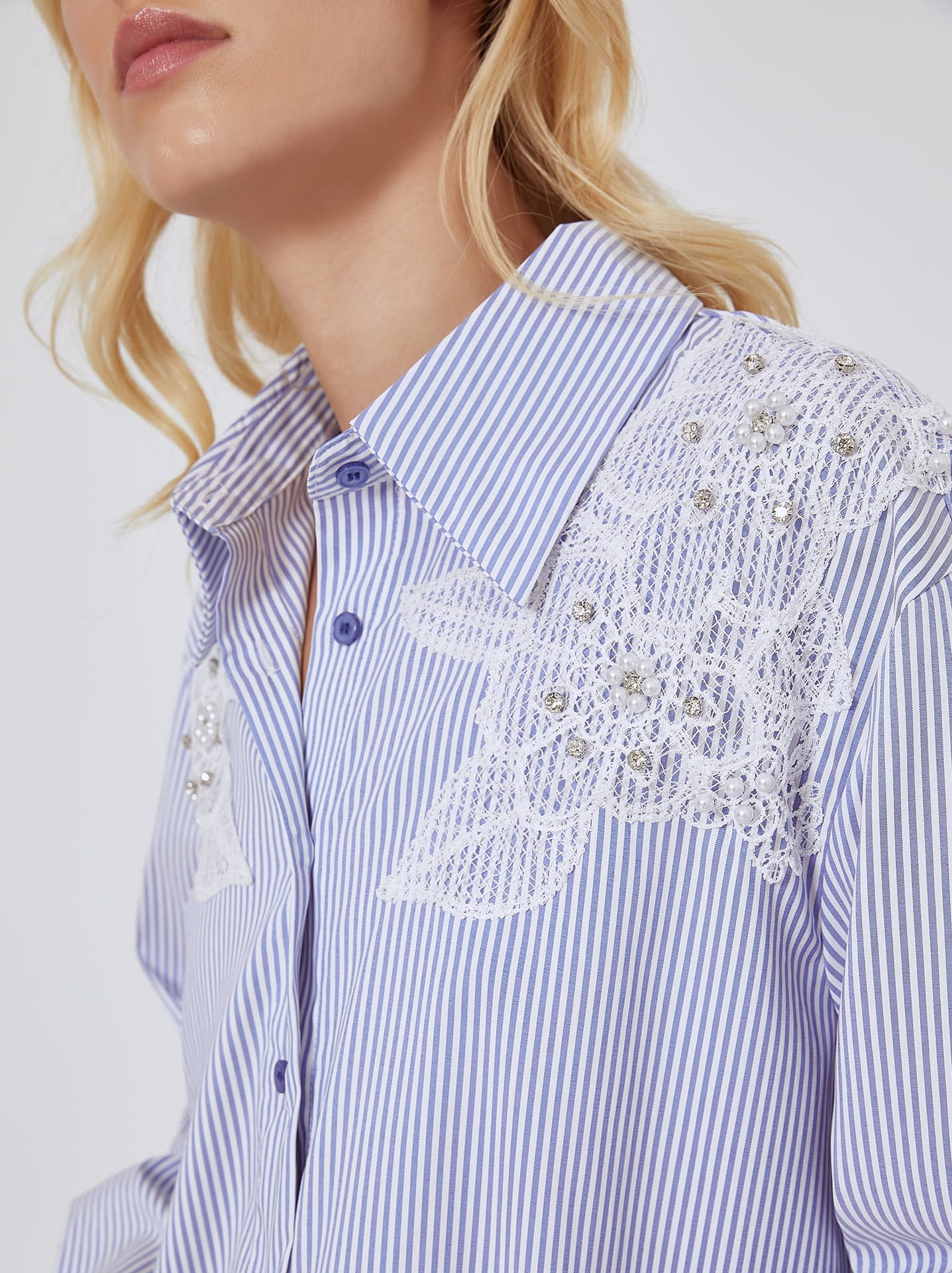 Shirt striped with strass and pearls in light blue | Celestino