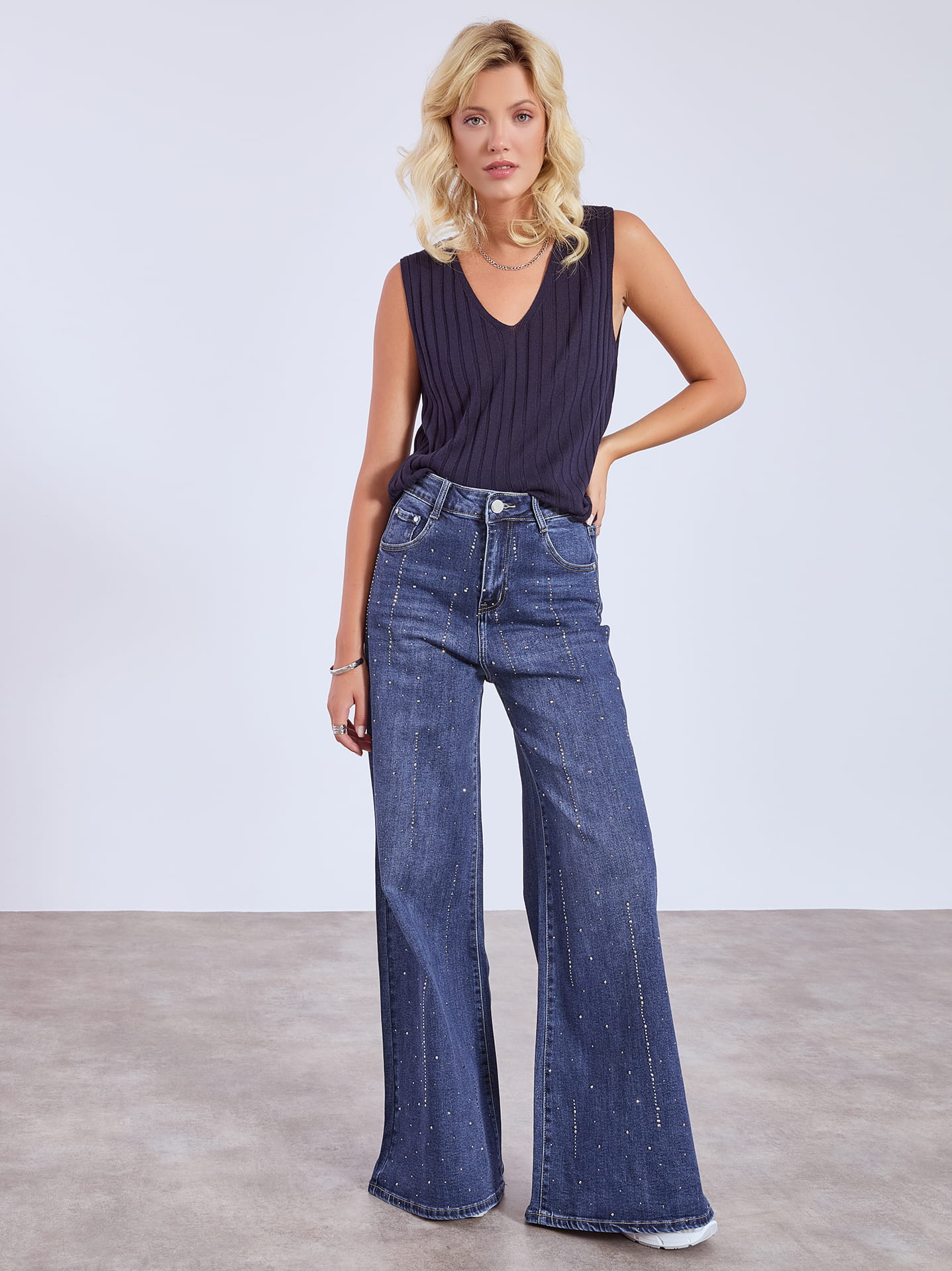 【YOURNUS】Nighting Crack Wide Denim Jeans wide leg with studs curvy in dark blue, 34.99€ | Celestino